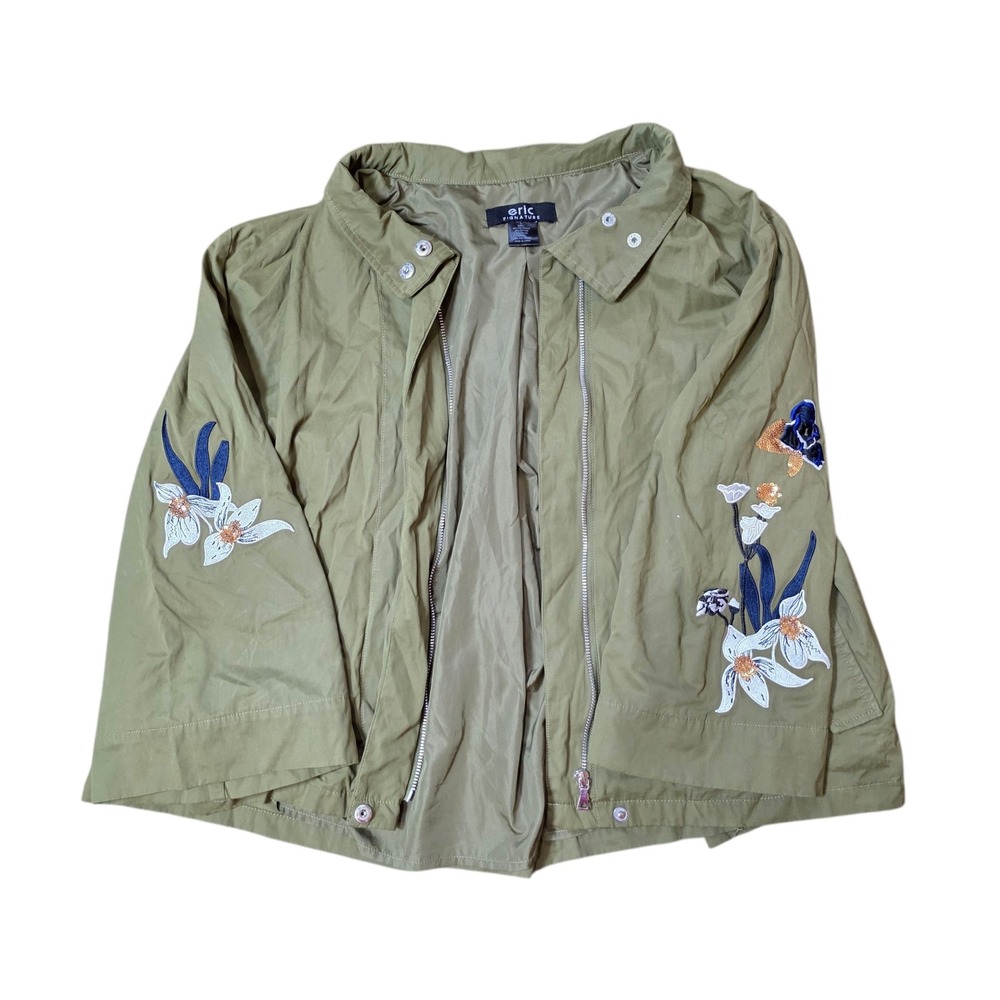 Eric Signature Embroidered Floral Jacket Olive Green Lace Up Back Boho Chic Sz L